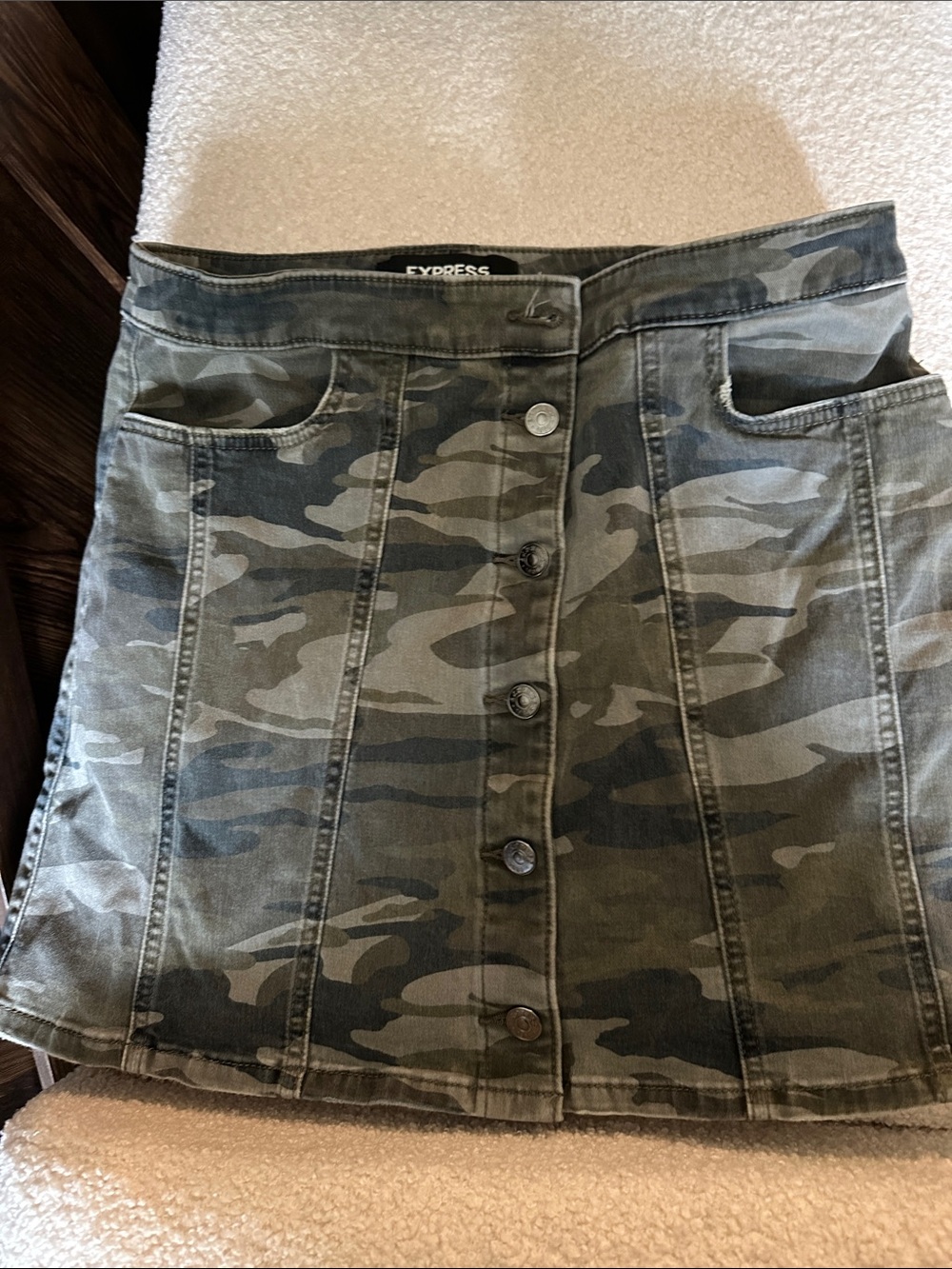 Express Olive Camo Button-Front Mini Skirt